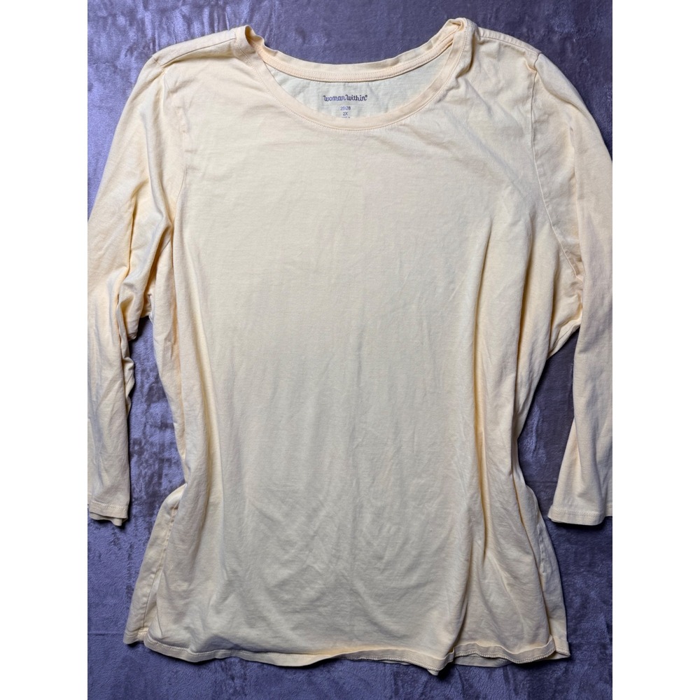 Woman Within Womens 2X Pale Yellow Cotton Long Sleeve Crewneck Tee Shirt 26/28